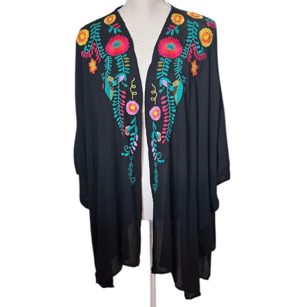 UMGEE USA Embroidered Colorful Floral Black Kimono Layering Plus Size XL/1XL